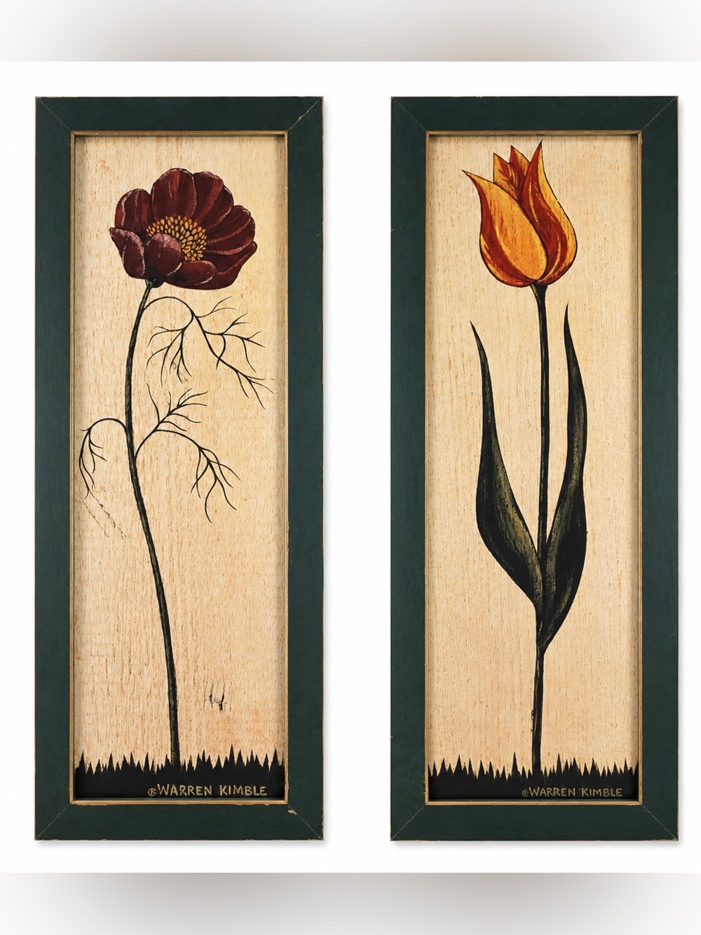 American Floral Folk Framed Flower Art by Warren Kimble set of 2 Pair Vintage
